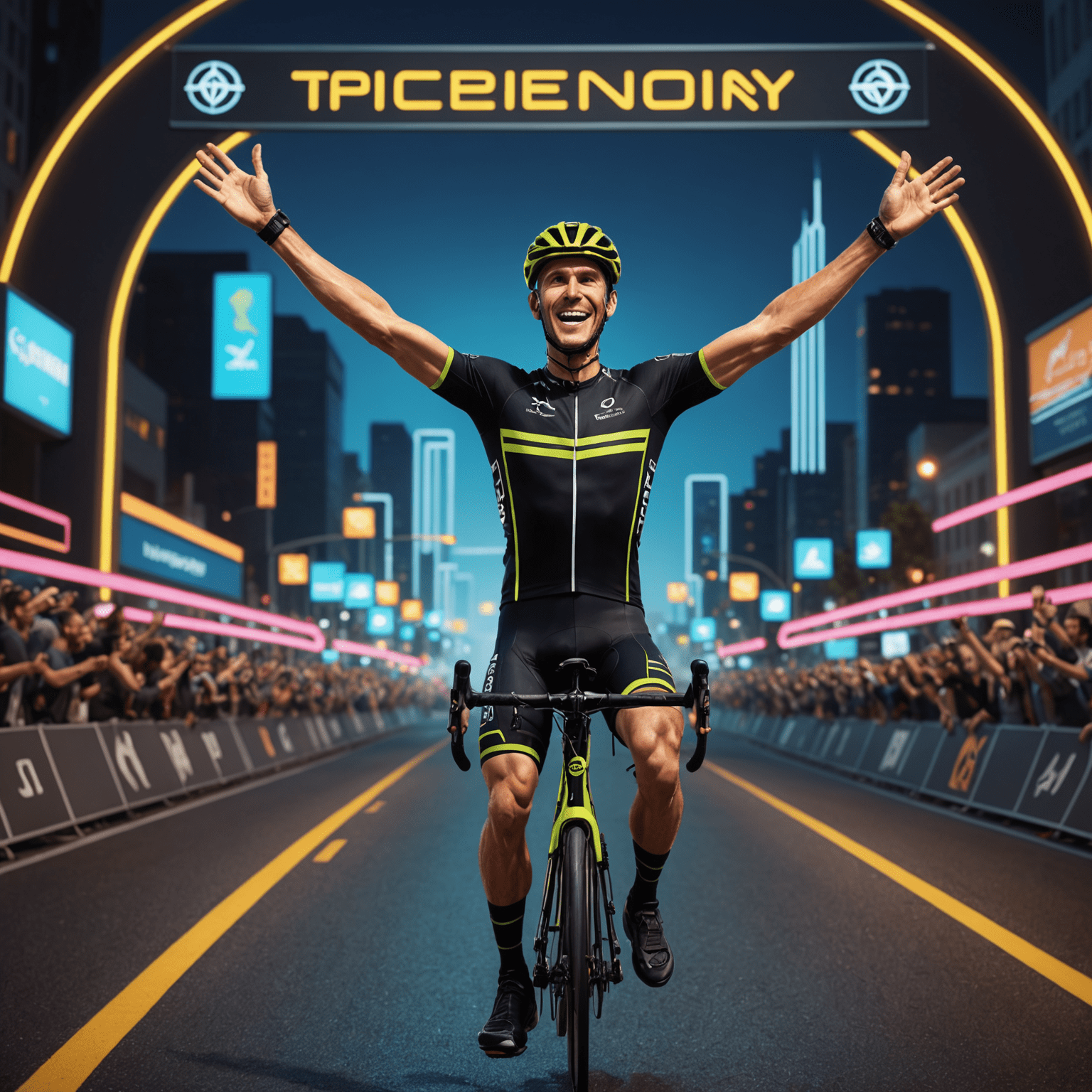 A triumphant cyclist crossing a symbolic finish line, arms raised in victory. The background shows a map highlighting the transcontinental route with neon lines.