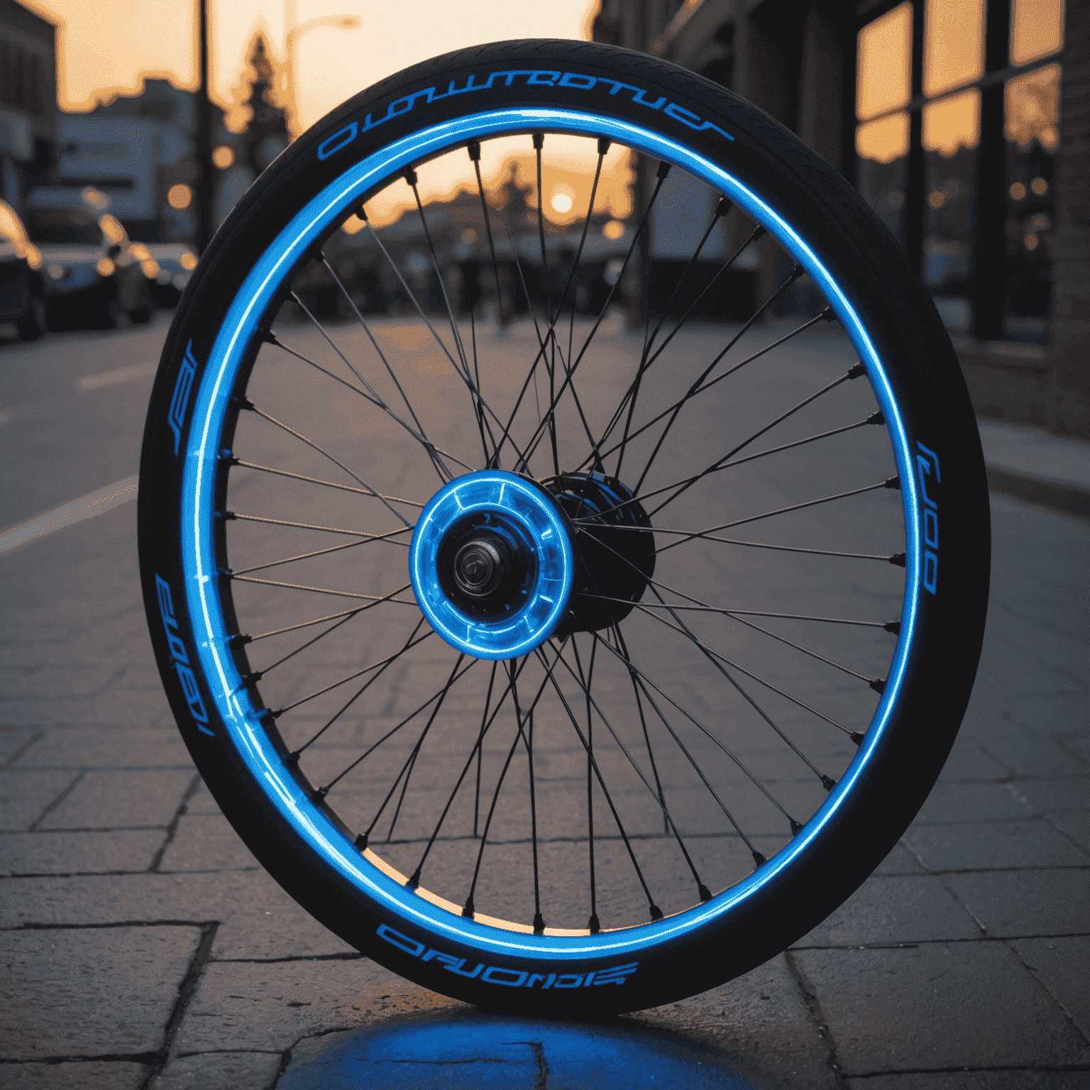 Futuristic solar-powered dynamo hub integrated into a sleek bicycle wheel, glowing with neon blue energy