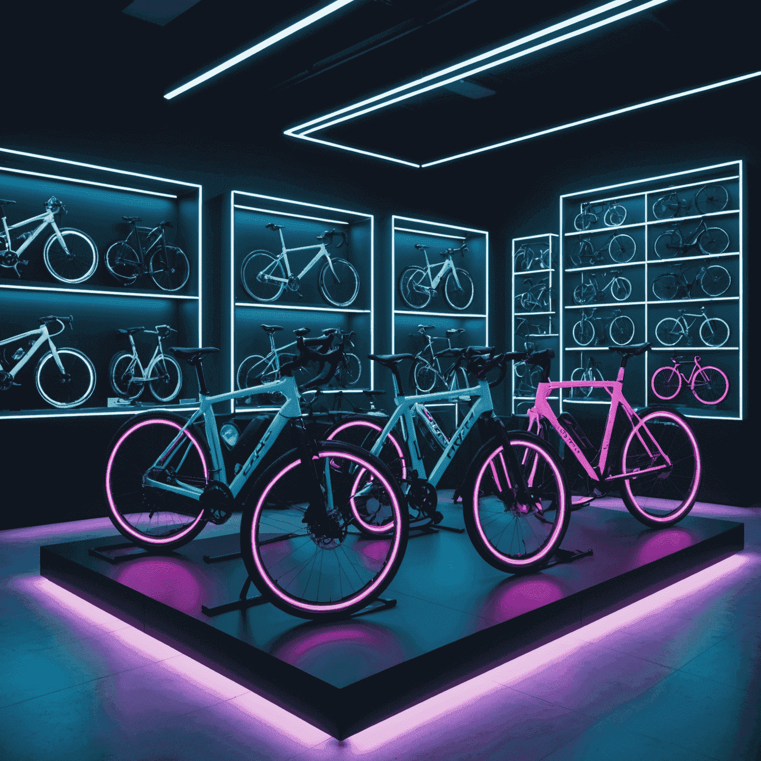 A futuristic neon-lit bicycle showroom with various high-tech bikes on display, ready for global adventures