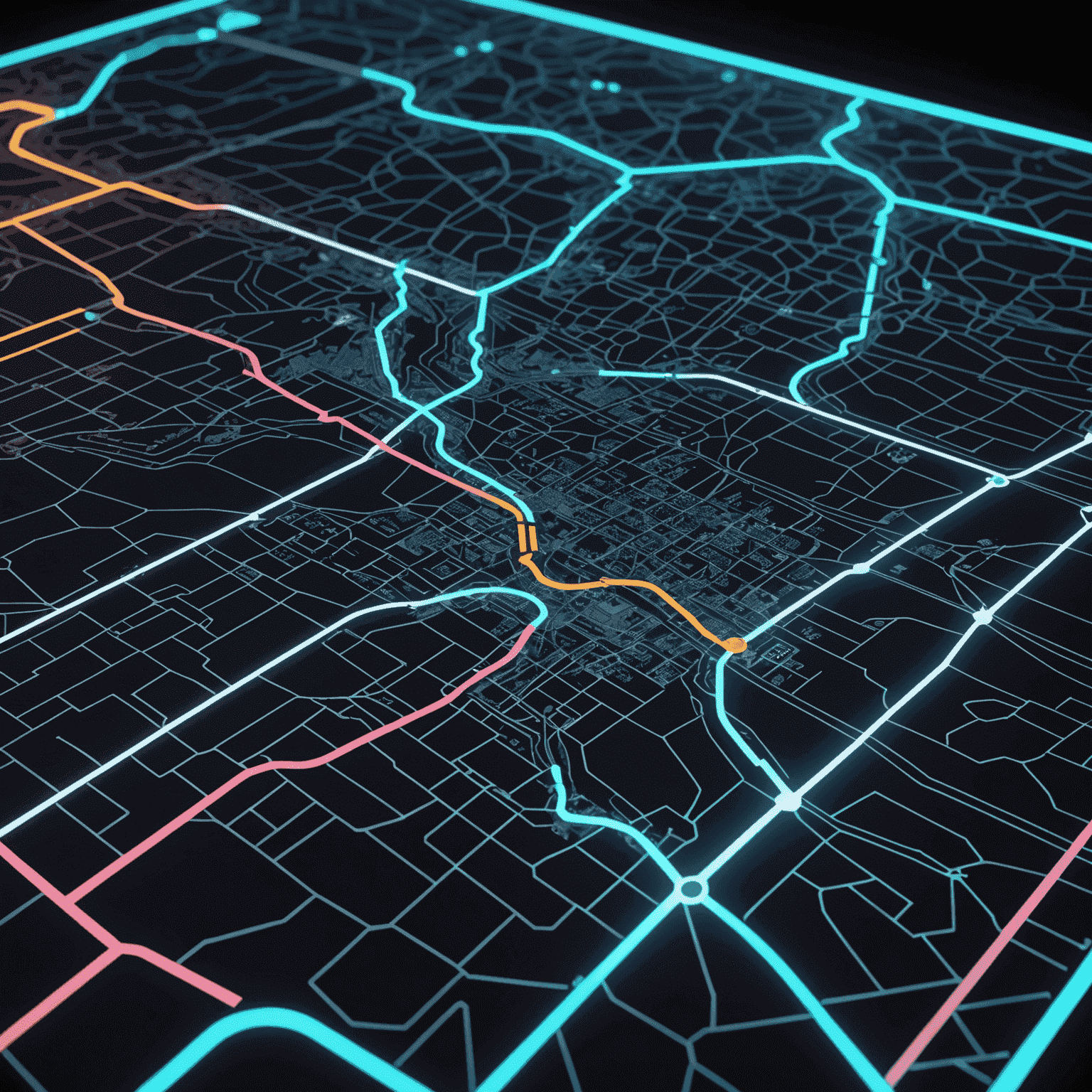 A futuristic 3D holographic map showing a cycling route with neon highlights, floating waypoints, and terrain features