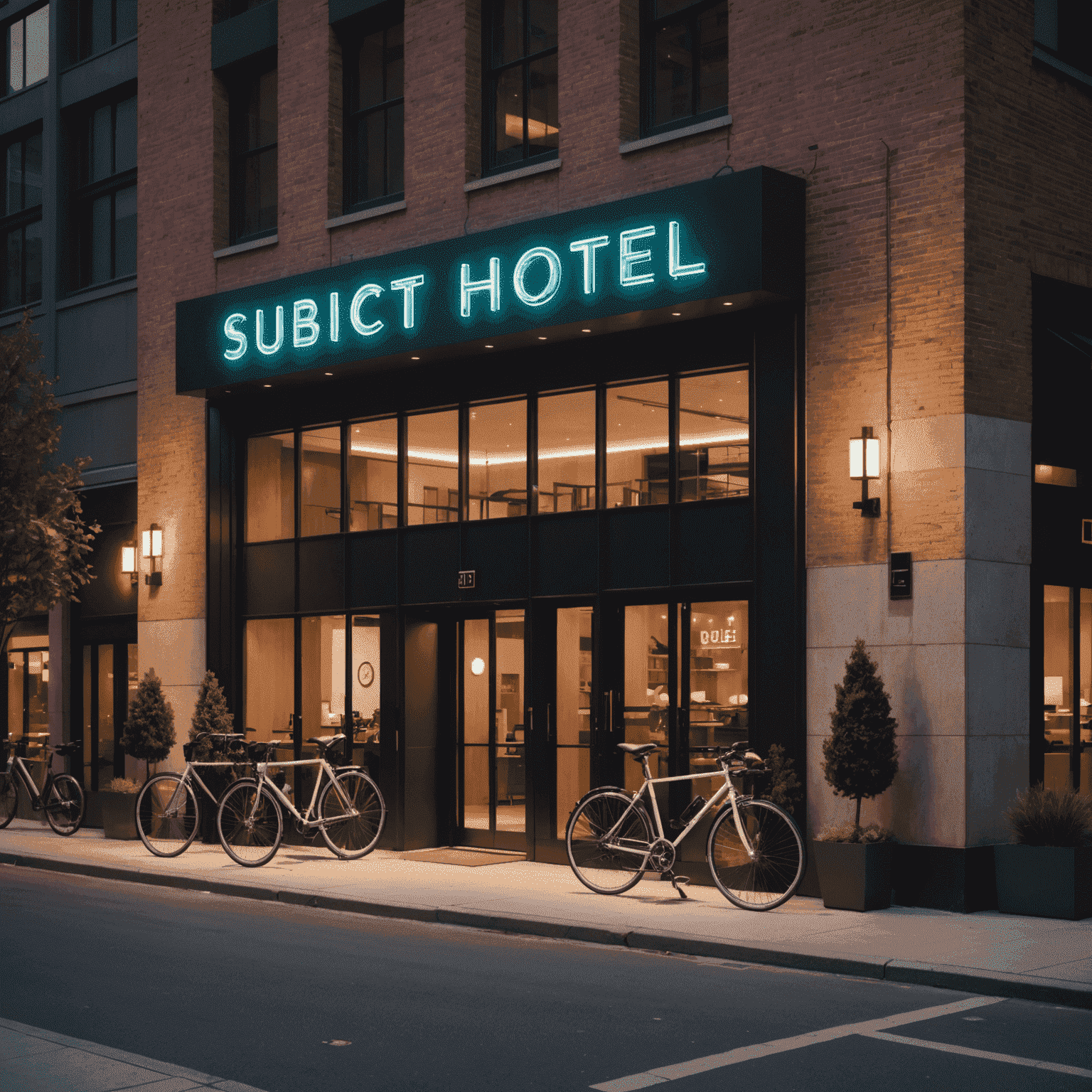 A modern hotel with bike racks in front, neon signs, and cyclists entering the lobby