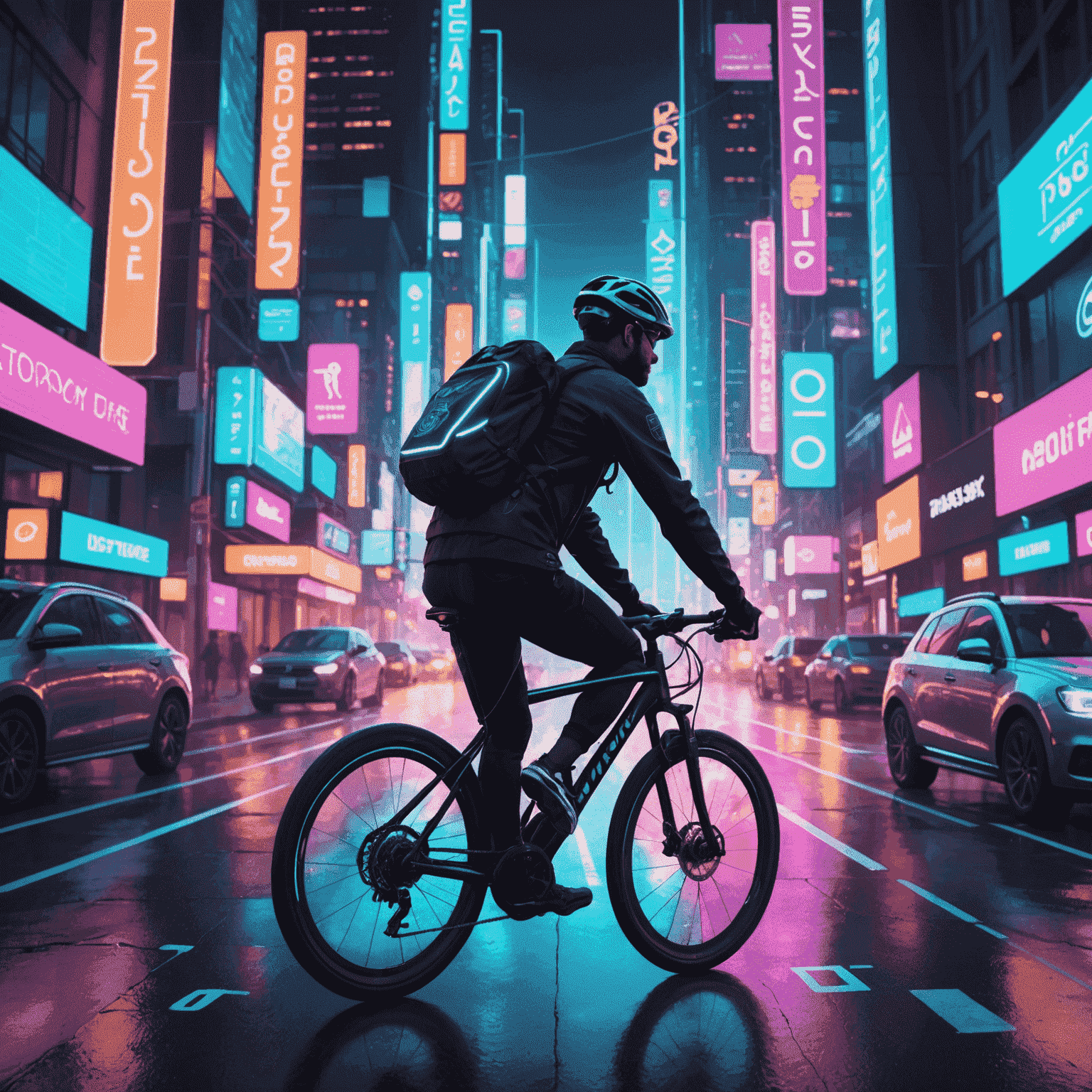 A futuristic illustration of a cyclist riding through a neon-lit cityscape, with holographic insurance policy icons floating around them