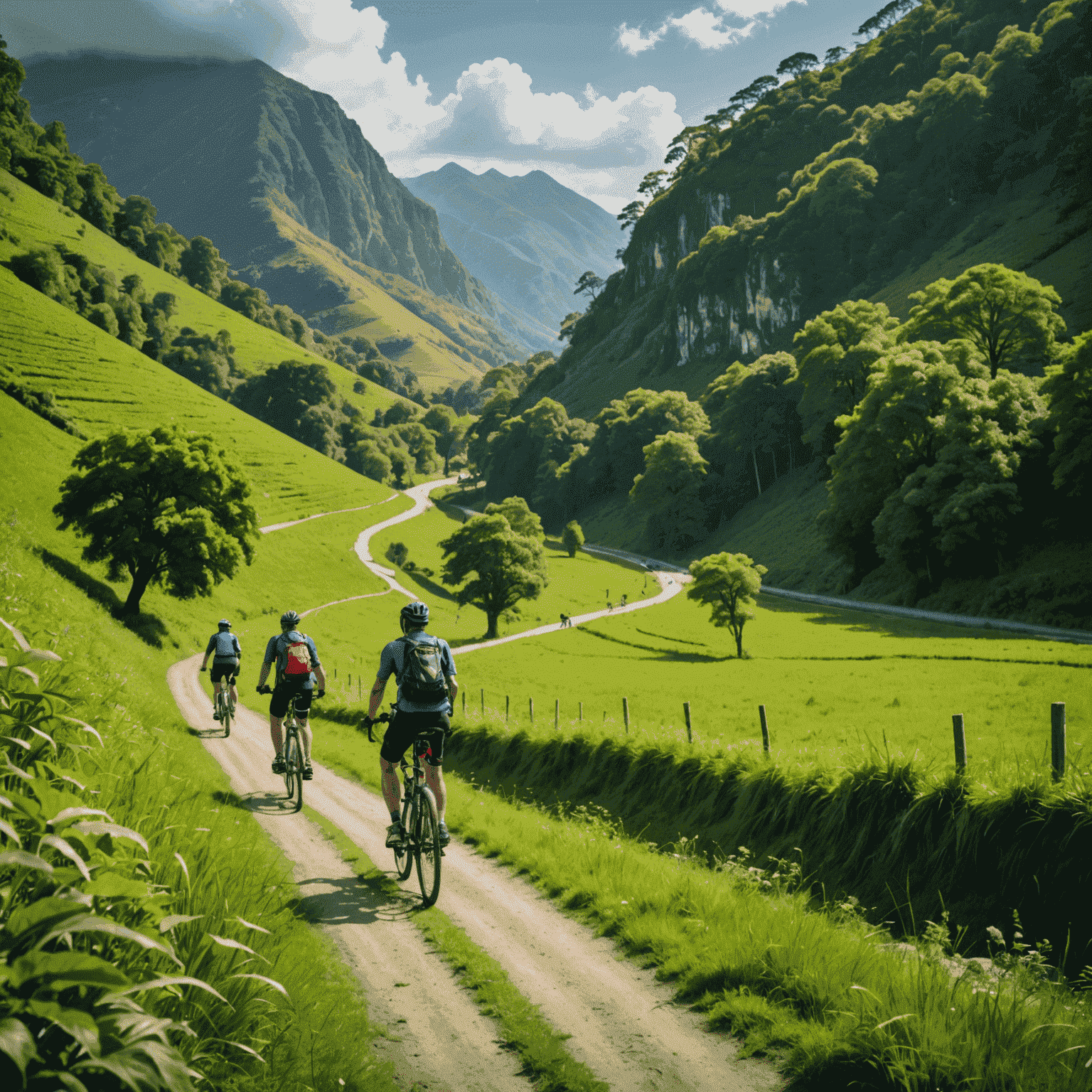 Cyclists touring through lush green landscapes, emphasizing sustainable travel