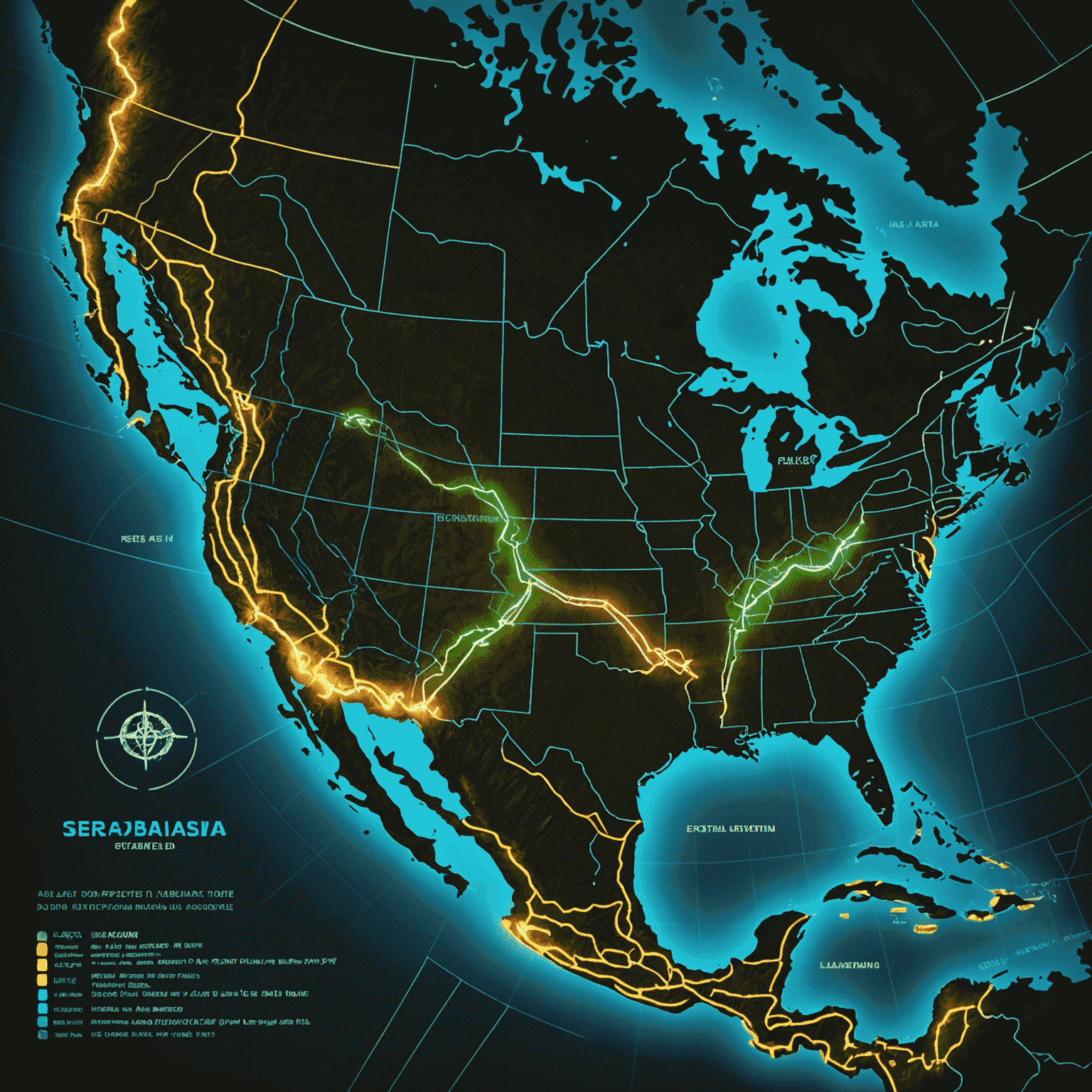 A futuristic, neon-lit map showing the cyclist's route from Alaska to Argentina with key checkpoints highlighted