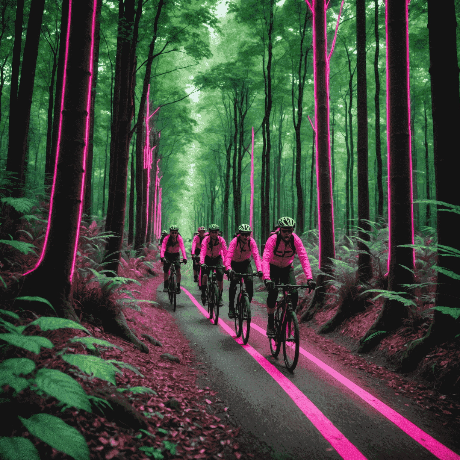 A group of cyclists on a guided eco-tour, riding through a lush forest. The image has a neon pink overlay, emphasizing the futuristic and eco-friendly aspect of the tour.