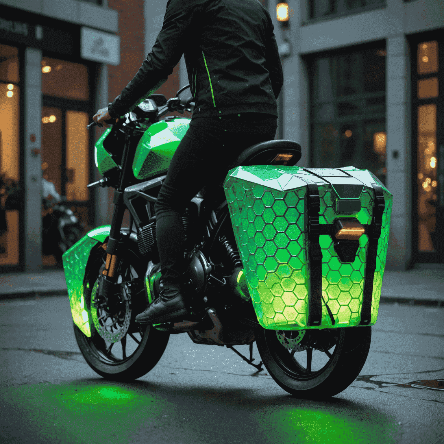 Sleek, iridescent panniers with a hexagonal pattern, repelling water droplets in a neon green glow