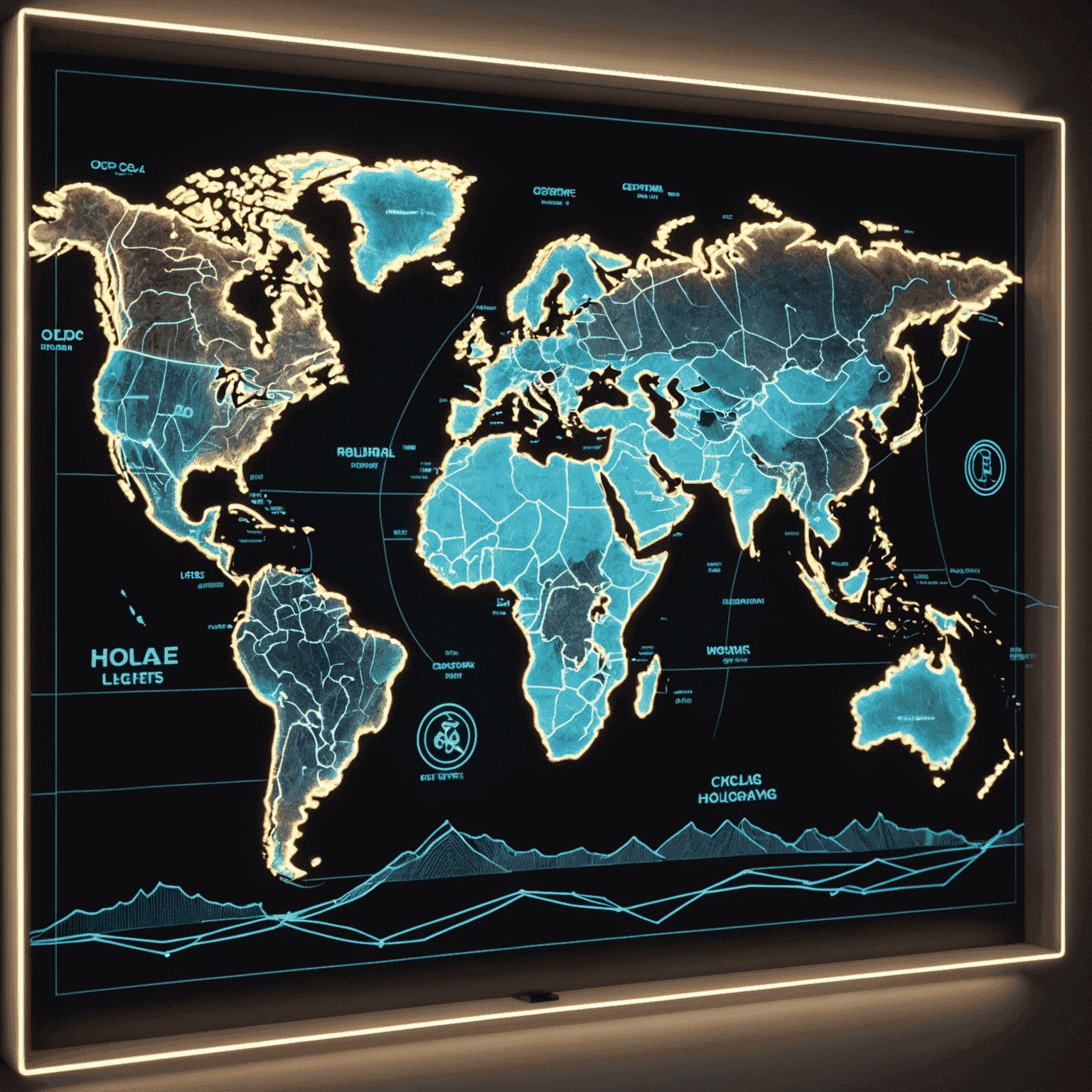 A holographic map display showing various cycling routes around the world with neon highlights