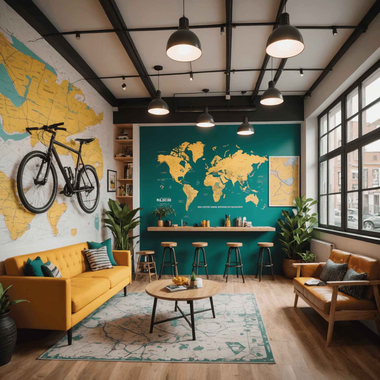 A vibrant hostel common area with bike-themed decor, cyclists socializing, and a map of bike routes on the wall