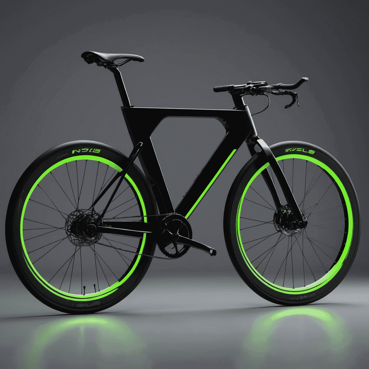 A sleek, futuristic bicycle with neon accents, showcasing advanced technology and aerodynamic design