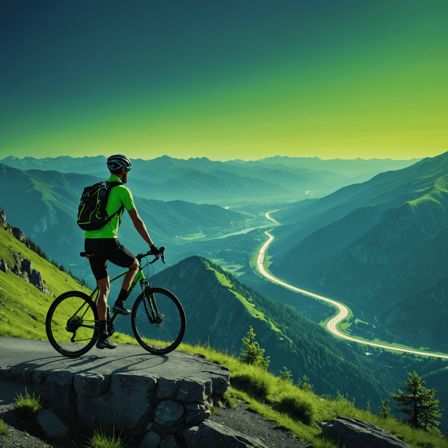 A lone cyclist taking in a breathtaking view from a mountain overlook. The image has a neon green overlay, symbolizing the connection between the cyclist and nature.