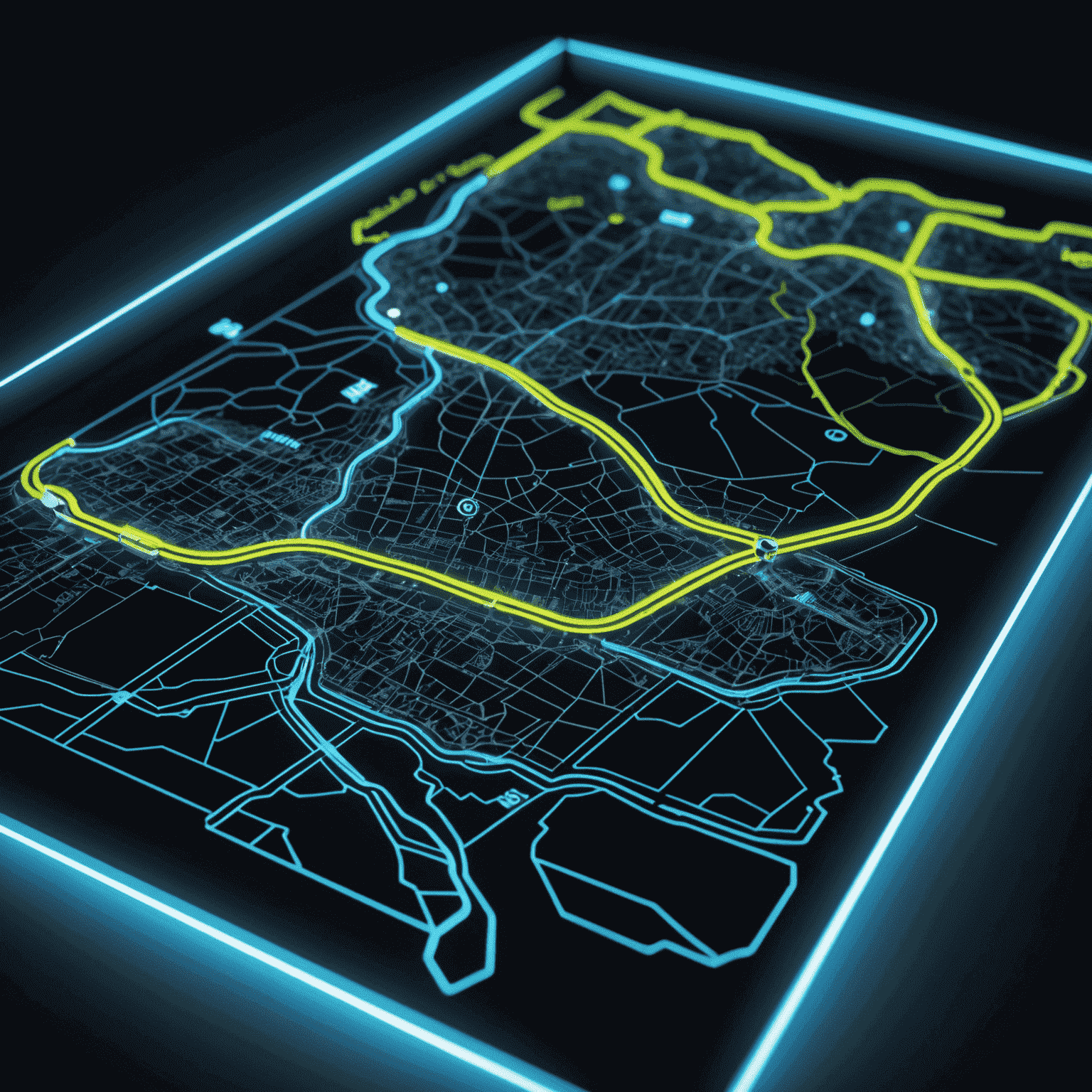 Holographic display showing a 3D map with multiple cycling routes highlighted in neon colors