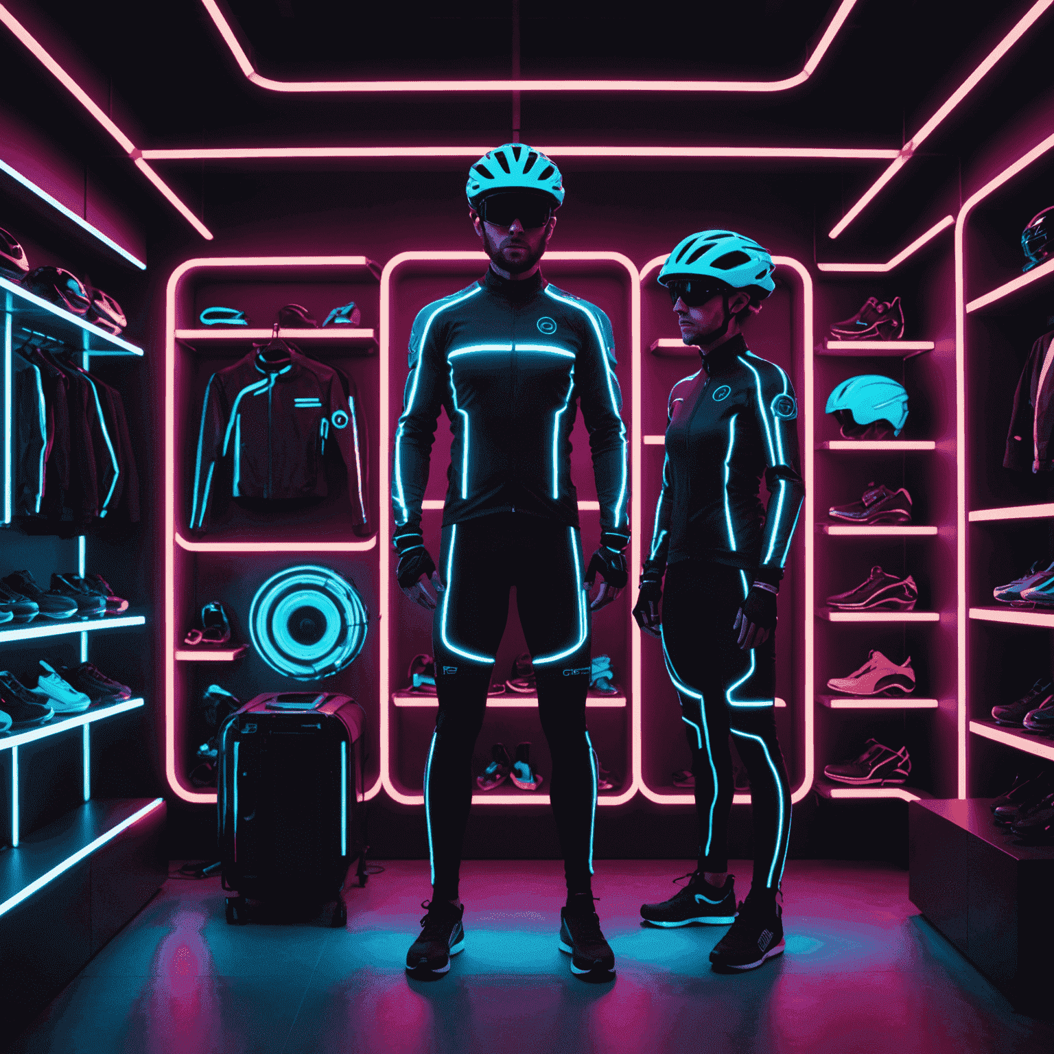 A neon-lit display of futuristic cycling gear and equipment, including helmets, shoes, and accessories