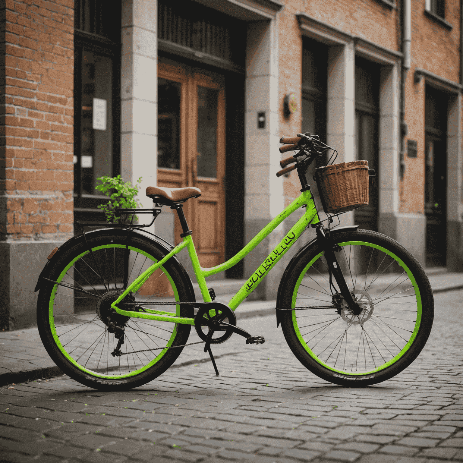 A comfortable city bike with neon green highlights, suitable for urban exploration