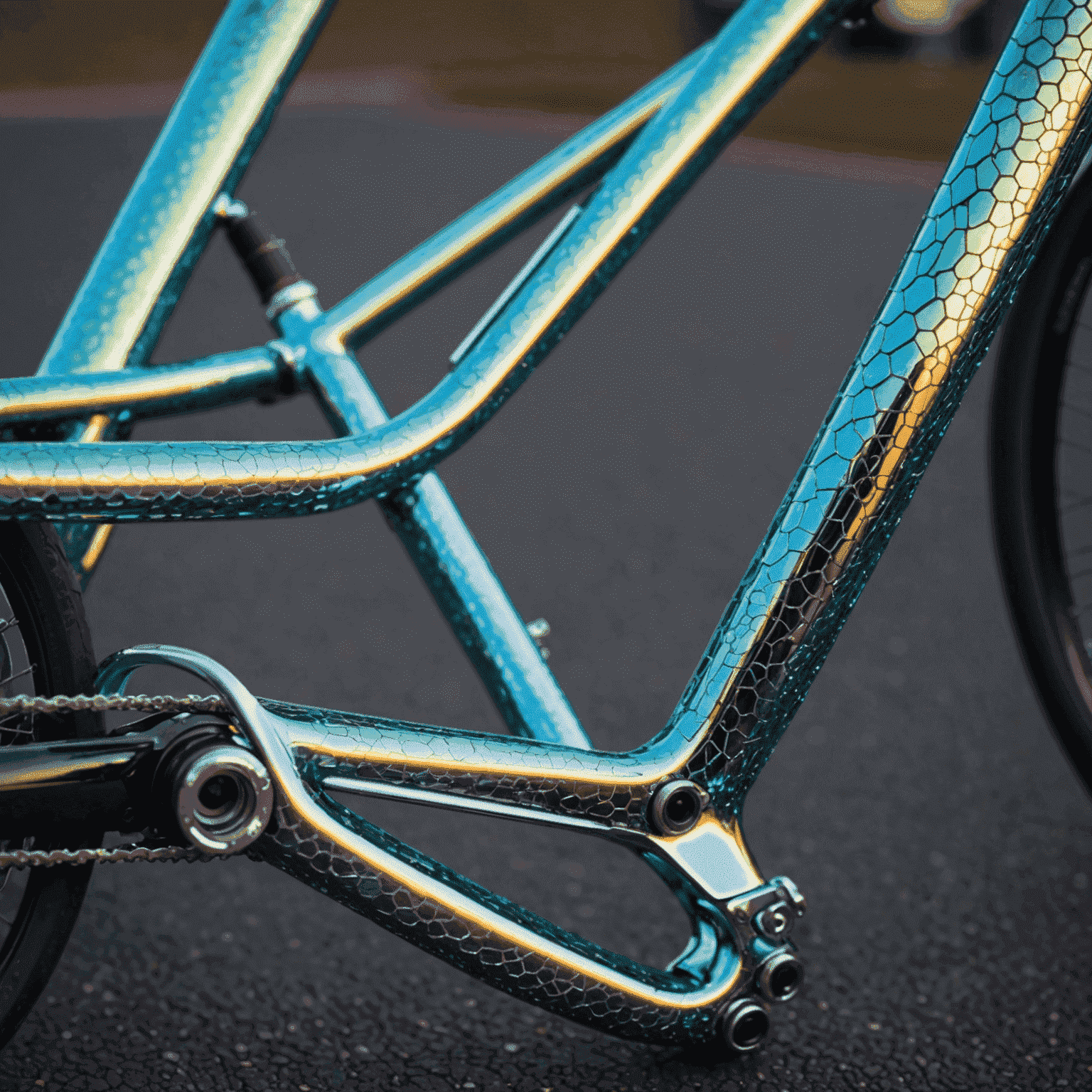 Close-up of a bike frame with a shimmering, iridescent surface showing the molecular structure of graphene