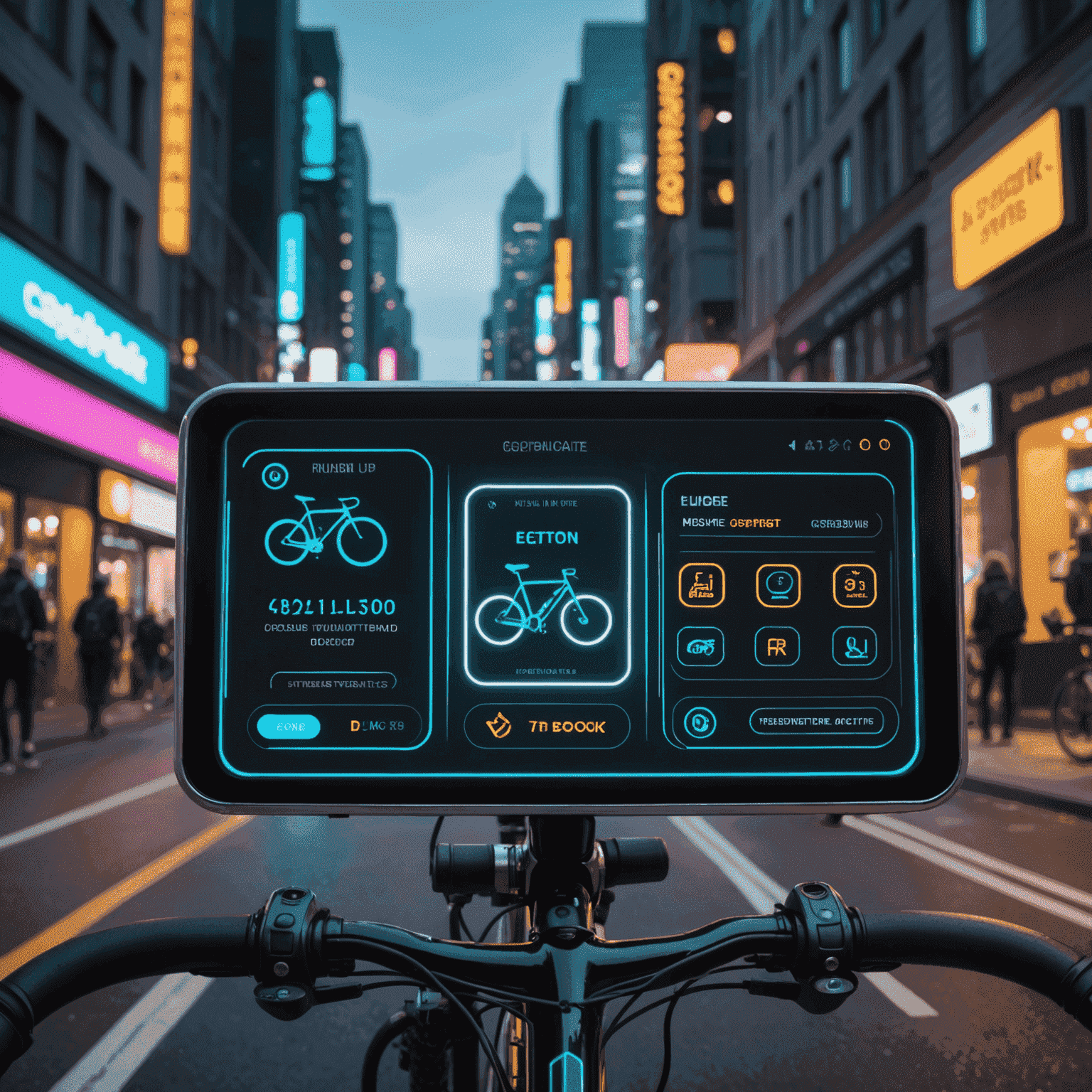 A futuristic interface showing various cyclist-friendly accommodations with neon 'book now' buttons