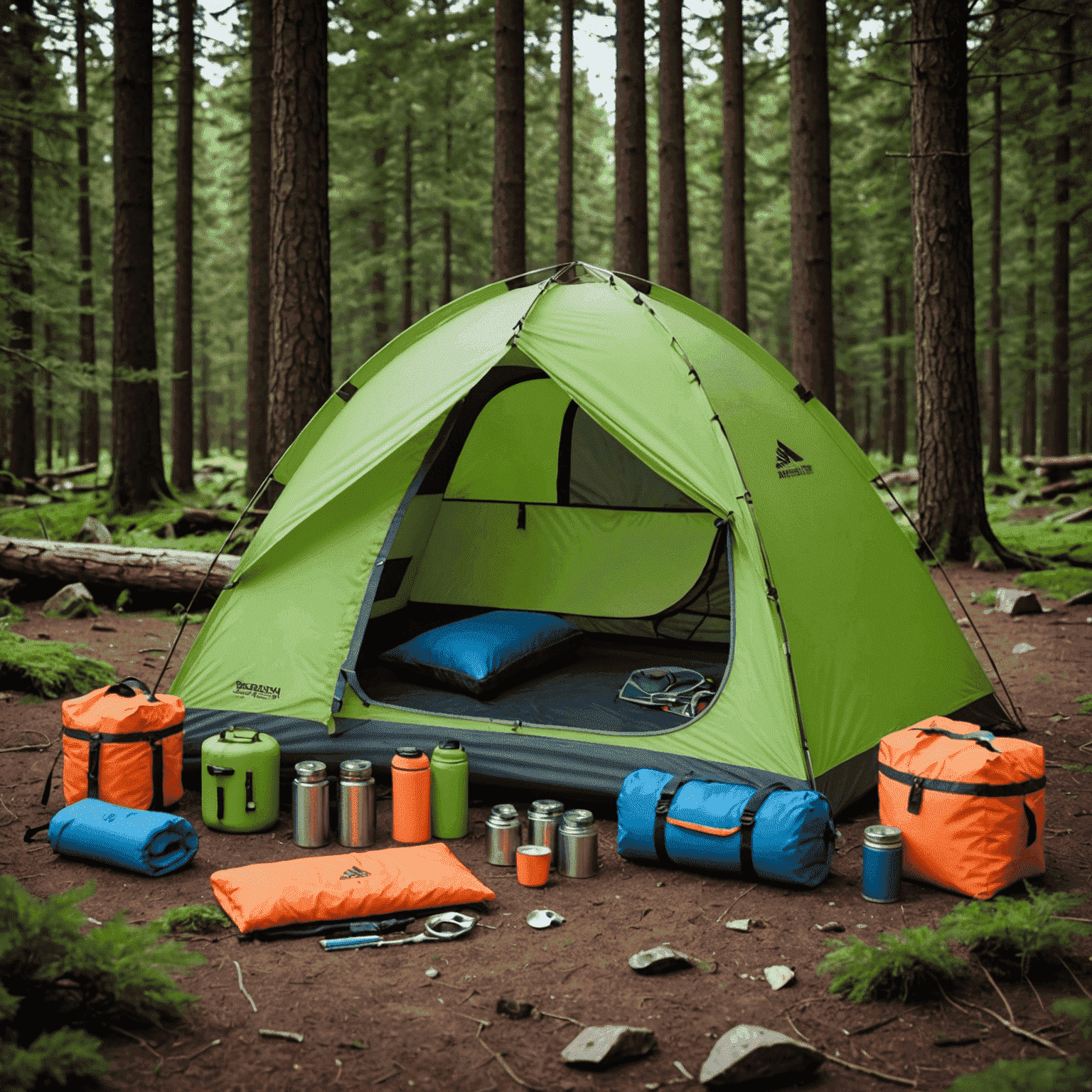 Ultra-lightweight, compact camping gear with neon accents, including tents, sleeping bags, and cooking equipment