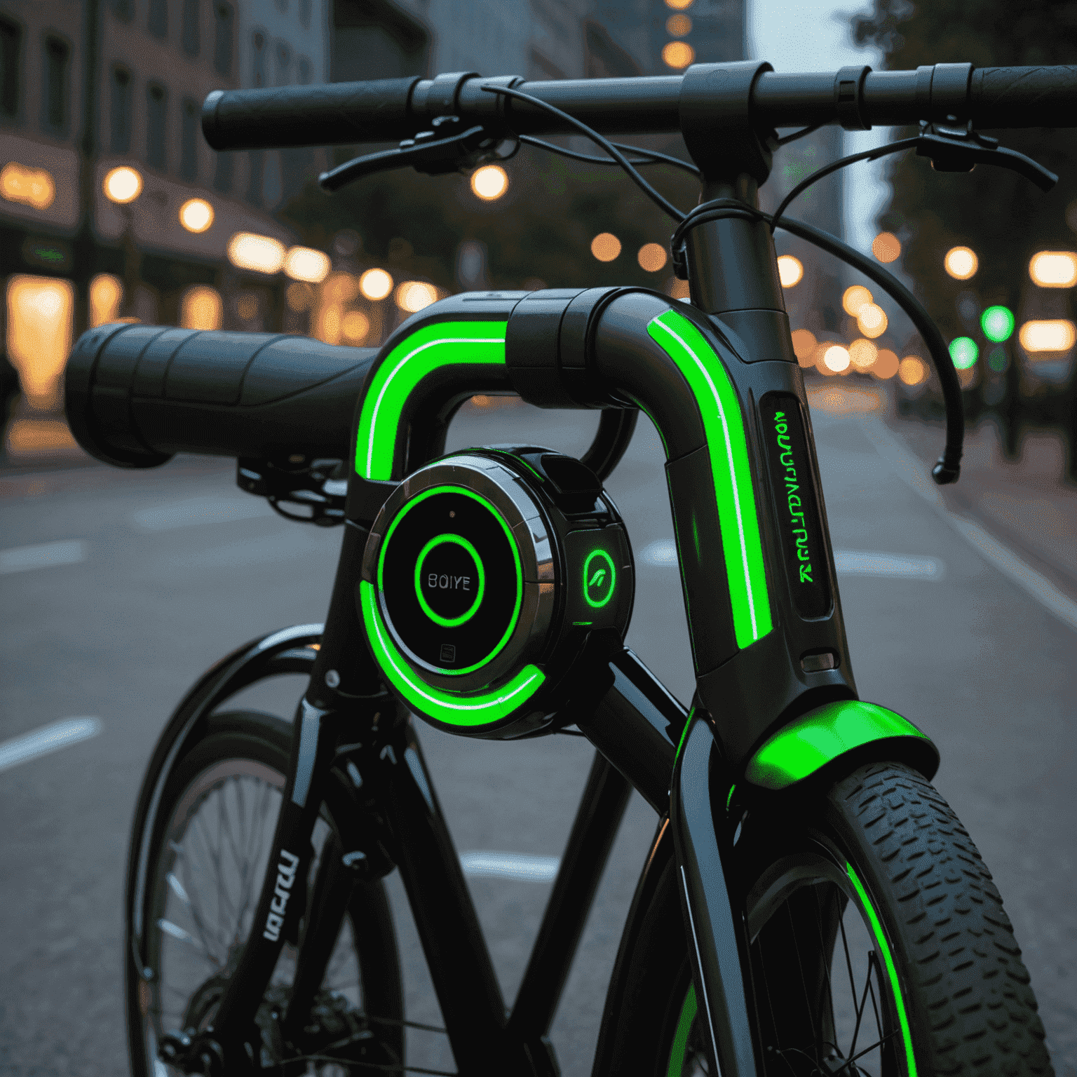 Futuristic bike lock with a glowing fingerprint scanner and neon green status lights