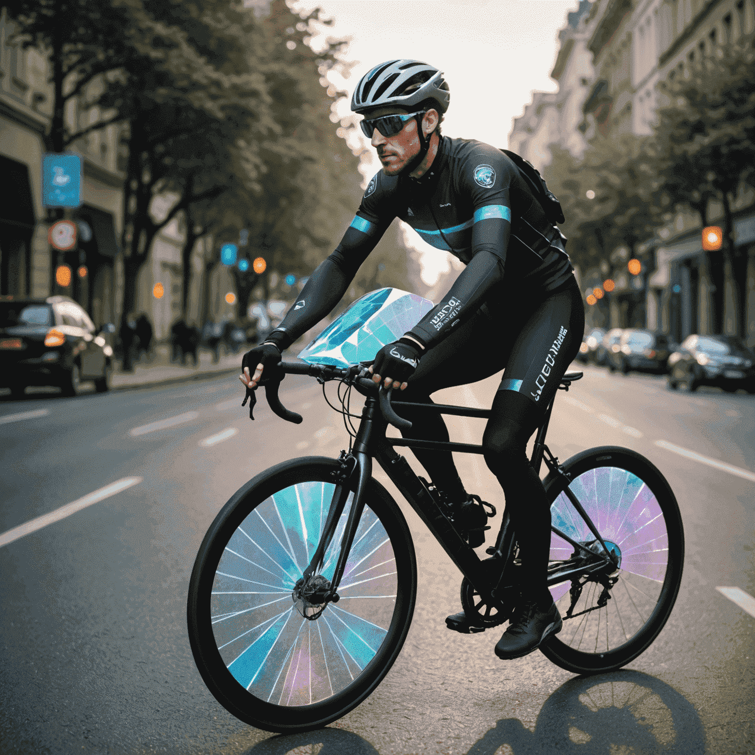 A holographic shield protecting a cyclist, symbolizing comprehensive travel insurance for global cycling adventures