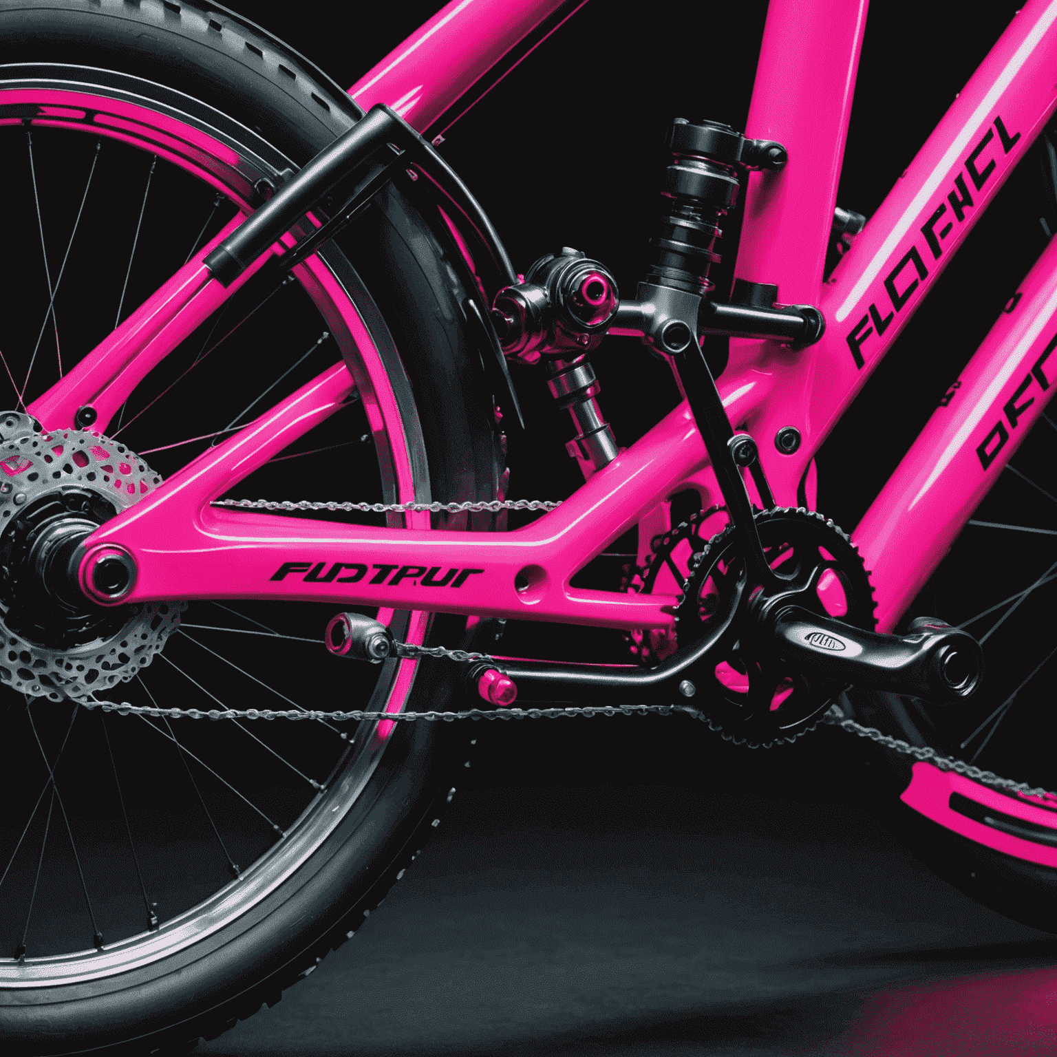 Close-up of a bicycle suspension system with glowing neon pink hydraulic fluids visible through transparent casing